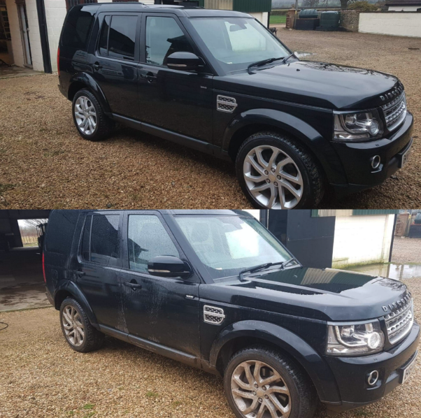 Before and after of a black SUV, from dirt-covered to freshly washed