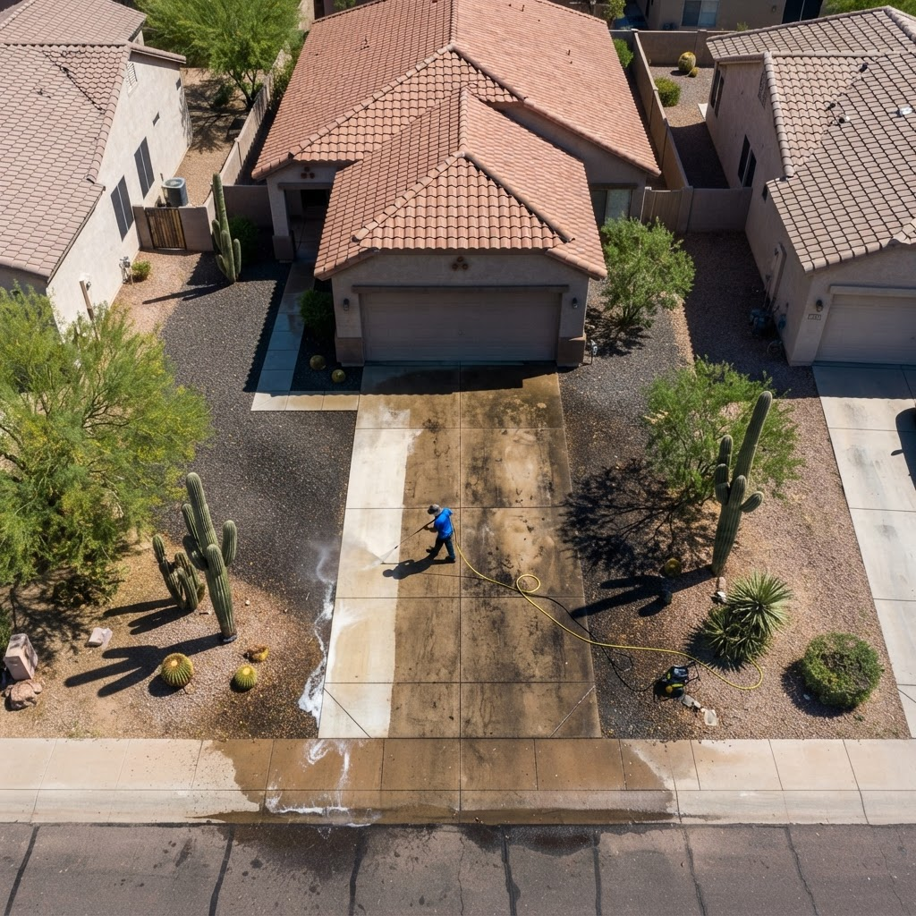 Aerial drone view of a worker pressure washing a dirty driveway clean