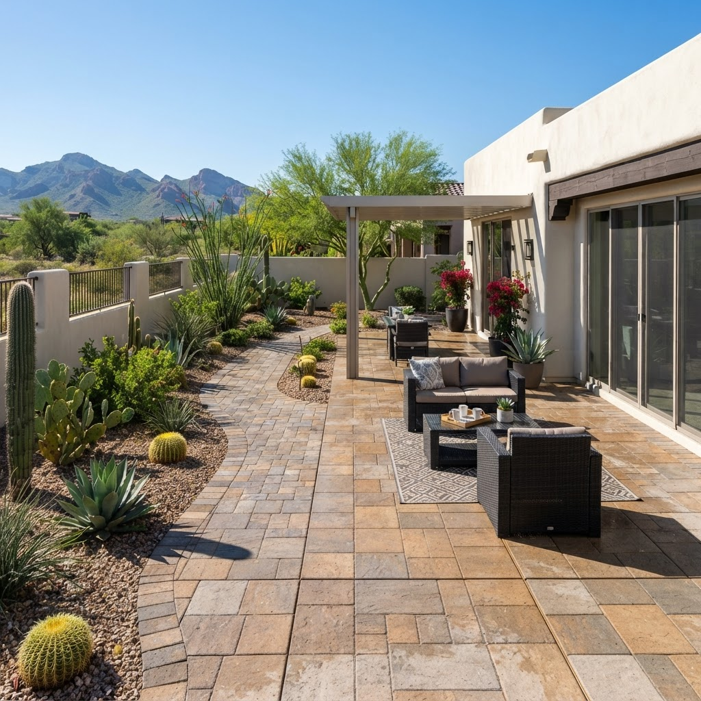Spotless backyard patio after pressure washing