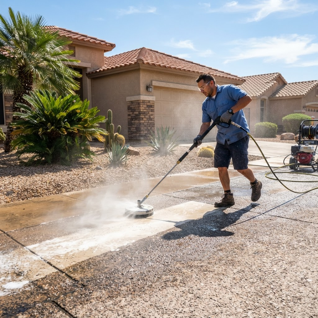 Pure Rinse pressure washing a driveway with a high-pressure wand